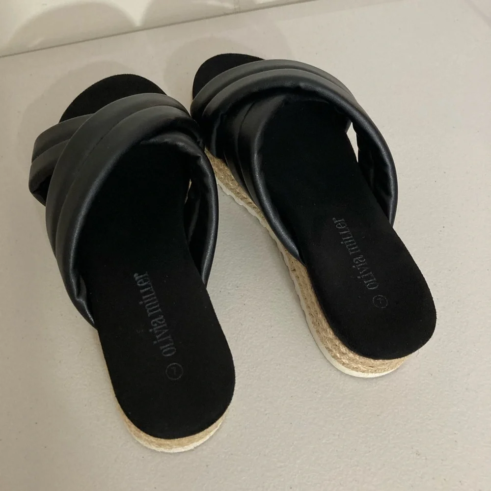 Olivia Miller Women's Black Faux Leather River Platform Slides Sandals